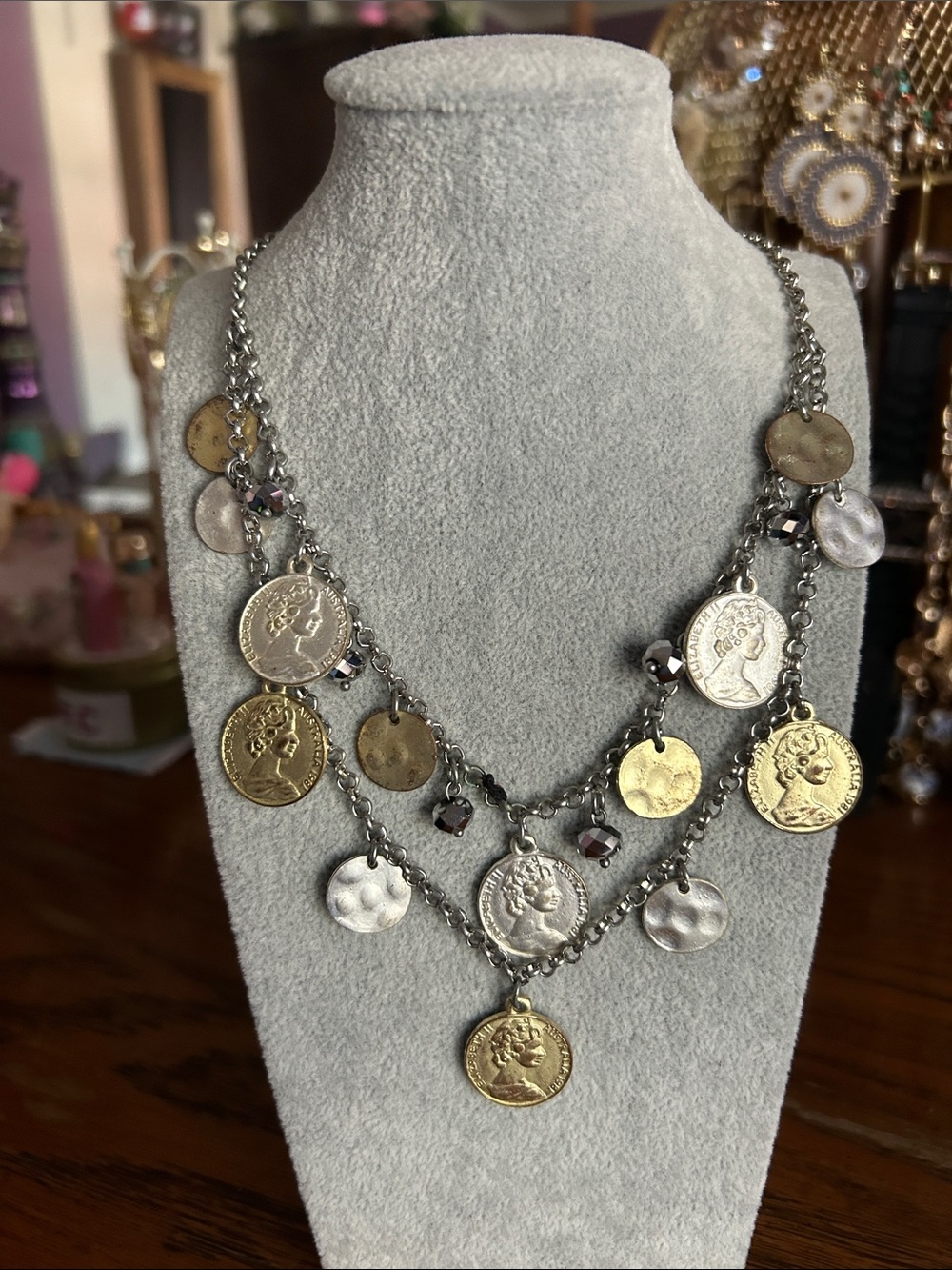 Gold and Silver Double-Layer Coin Pendant Necklace - Women Jewelry